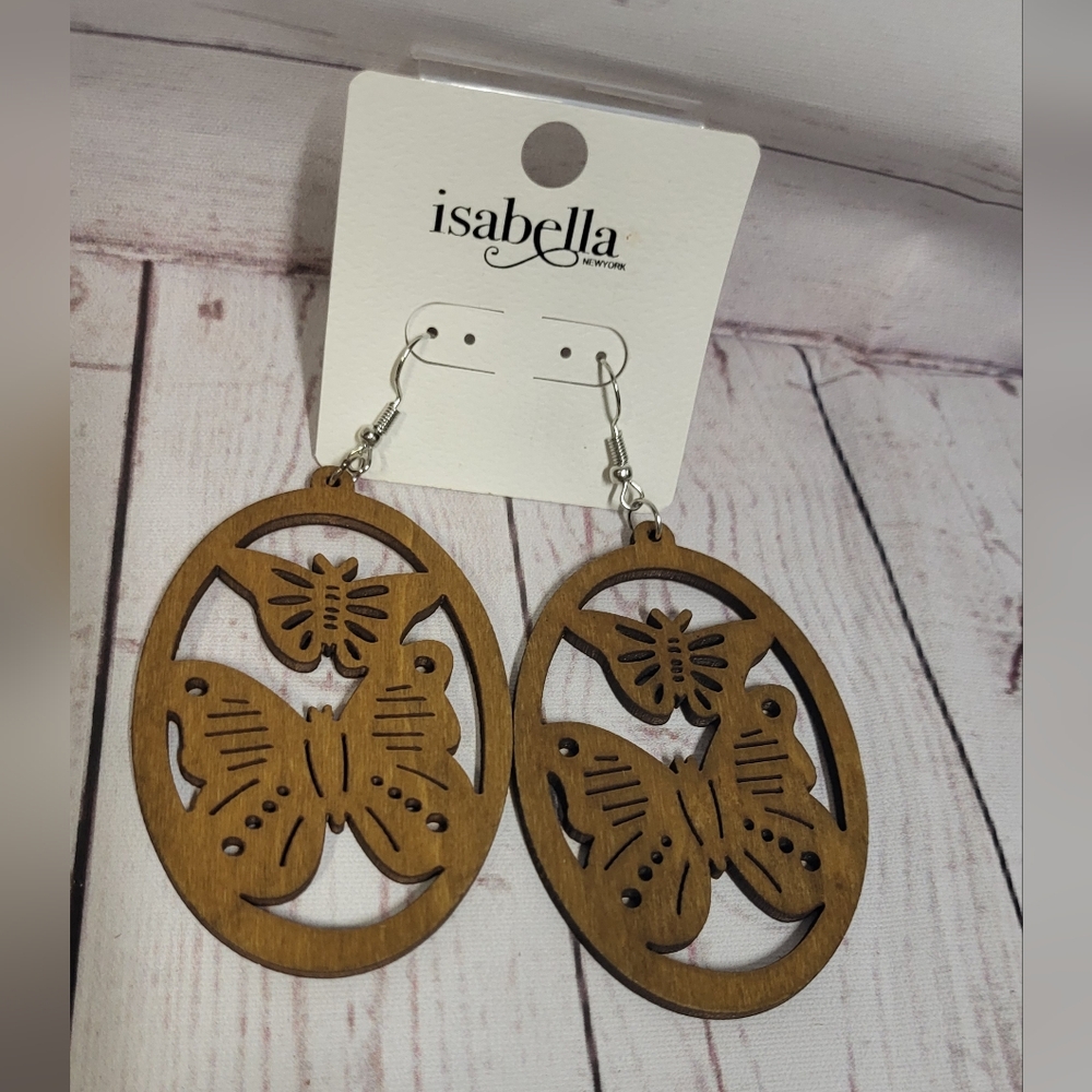 😁BOGO SALE😁. Isabella New York brown dangle hand carved out  wood butterfly